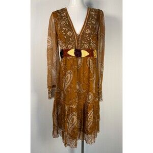 Blugirl Blumarine Silk Paisley Boho Luxe Dress Long Sleeve Brown Italy Sz 44 Y2K